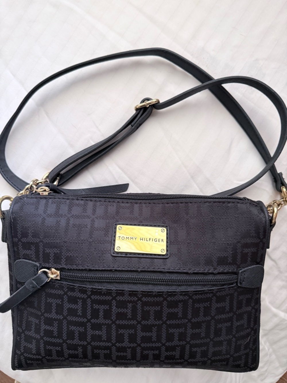 Tommy Hilfiger Black Monogram Crossbody Bag with Gold Plaque